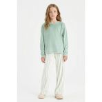 DeFacto Kız Çocuk Pijama Takımı Polar Uzun Kollu Üst Çizgili Uzun Alt D1068A825WN - Yeşil-GN1123 - 13 - 14 Yaş