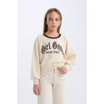 DeFacto Kız Çocuk Relax Fit Bisiklet Yaka Baskılı İçi Yumuşak Tüylü Sweatshirt D7042A824WN