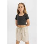 DeFacto Kız Çocuk Slim Fit Dar Kesim Bisiklet Yaka Basic Düz Fitilli Kaşkorse Kısa Kollu Tişört C4510A824SM - 11 - 12 Yaş - Antrasit-AR211