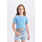DeFacto Kız Çocuk Slim Fit Dar Kesim Bisiklet Yaka Basic Düz Ribana Kısa Kollu Tişört C9714A824HS - Mavi-BE194 - 11 - 12 Yaş