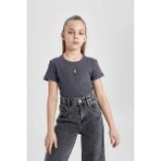 DeFacto Kız Çocuk Slim Fit Dar Kesim Bisiklet Yaka Fitilli Kaşkorse Kısa Kollu Tişört - 7 - 8 Yaş - Antrasit-AR148