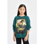 DeFacto Kız Çocuk Yeşil Harry Potter Oversize Fit Geniş Kalıp Bisiklet Yaka Sweatshirt, Yeşil, 11/12 Yaş