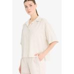 DeFacto Loose Fit Çizgili Keten Karışımlı Kısa Kollu Gömlek, L, F5546AX25SM, Ekru-ER105, Kadın