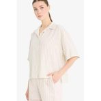 DeFacto Loose Fit Çizgili Keten Karışımlı Kısa Kollu Gömlek, XL, F5546AX25SM, Ekru-ER105, Kadın