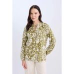 DeFacto N1809AZ25SP KH489 Haki Regular Fit Bağcıklı Yaka Çiçek Desenli Uzun Kollu Kadın Bluz