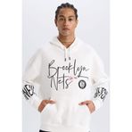 DeFacto NBA Brooklyn Nets Oversize Geniş Kalıp Kapüşonlu Kalın Sweatshirt, M, D8513AX, Ekru, erkek