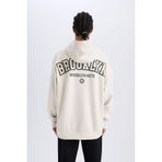 DeFacto NBA Brooklyn Nets Oversize Geniş Kalıp Kapüşonlu Sırt Baskılı Skuba Dalgıç Kumaş Sweatshirt, M, D6711AX25SP, Bej-BG662, erkek