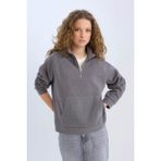 DeFacto Oversize Geniş Kalıp Basic Düz Kanguru Cepli Fermuarlı Polo Yaka Sweatshirt E0741AX24WN