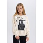 DeFacto Oversize Geniş Kalıp Bisiklet Yaka Baskılı Sweatshirt Kız Çocuk, 7-8 Yaş, D5452A824WN, Ekru-ER233, kız-çocuk