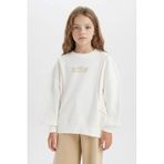 DeFacto Oversize Geniş Kalıp Bisiklet Yaka Baskılı Sweatshirt Kız Çocuk, 7-8 Yaş, D9442A825SP, Ekru-ER105, kız-çocuk