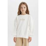 DeFacto Oversize Geniş Kalıp Bisiklet Yaka Baskılı Sweatshirt Kız Çocuk, 8-9 Yaş, D9442A825SP, Ekru-ER105, kız-çocuk