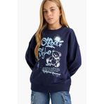 Defacto Oversize Geniş Kalıp Bisiklet Yaka Baskılı Sweatshirt Kız Çocuk, 9/10 Yaş (140cm), E6755A825AU, Lacivert, kız-çocuk