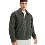 DeFacto Oversize Geniş Kalıp Gömlek Yaka Beli Lastikli Fermuarlı İç Cepli Kadife Mont, XL, E9186AX25AU, Yeşil-GN1155, Erkek