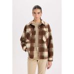 DeFacto Oversize Geniş Kalıp Kareli Flanel Uzun Kollu Gömlek, L, E0572AX24WN, Kahve-BN333, Kadın