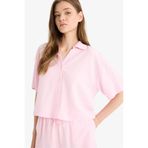 DeFacto Oversize Geniş Kalıp Keten Karışımlı Kısa Kollu Gömlek, L, E801GY109284, Pembe, Kadın