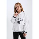 DeFacto Oversize Geniş Kalıp Polo Yaka Baskılı İçi Yumuşak Tüylü Sweatshirt Kız Çocuk, 8-9 Yaş, D3497A824WN, Beyaz-WT34, kız-çocuk