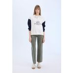 DeFacto Oversize Geniş Kalıp Polo Yaka Baskılı Kalın Sweatshirt Ekru XL