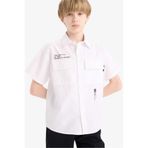 DeFacto Oversize Geniş Kalıp Polo Yaka Baskılı Poplin Kısa Kollu Gömlek Erkek Çocuk, 8-9 Yaş, E5034A825SM, Beyaz-WT34, Erkek Çocuk
