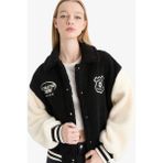 DeFacto Oversize Geniş Kalıp Polo Yaka Pelüş Bomber Ceket E9837AX25WN - Siyah-BK81