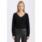 DeFacto Oversize V Yaka Triko Kazak, 2XL, E2309AX24WN, Siyah-BK27, Kadın