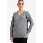 DeFacto Oversıze V Yaka Triko Kazak Gri, XL, G6653AX25WN, Gri-GR156, Kadın