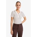 DeFacto Polo Yaka Çizgili Triko Kazak, 2XL, G0471AX25AU, Ekru-ER105, Kadın