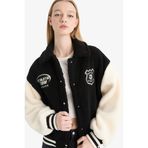 DeFacto Polo Yaka Pelüş Bomber Ceket, L, E9837AX25WN, Siyah-BK81, Kadın