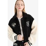 DeFacto Polo Yaka Pelüş Bomber Ceket, XS, E9837AX25WN, Siyah-BK81, Kadın