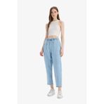 DeFacto Pull On Paperbag Yüksek Bel Düz Paça Uzun Yumuşak Jean Pantolon, 36, E0733AX25SM, Mavi-NM28, Kadın
