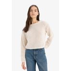 DeFacto Regular Fit Bisiklet Yaka Kroşe Triko Kazak, S, T4513AZ25SP, Ekru-ER223, Kadın