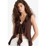 DeFacto Regular Fit Dokulu Kolsuz Bluz Kahverengi, S, F5357AX25HS, Kahve-BN267, Kadın
