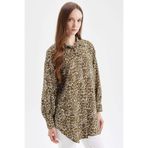 DeFacto Regular Fit Gömlek Yaka Leopar Desenli Uzun Kollu Gömlek Tunik, M, D4097AX24AU, Haki-KH176, Kadın