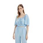 DeFacto Regular Fit Kare Yaka Krinkıl Viskon Kısa Kollu Bluz, L, D1048AX24HS, Mavi-BE744, Kadın