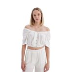 DeFacto Regular Fit Kare Yaka Krinkıl Viskon Kısa Kollu Bluz, M, D1048AX24HS, Beyaz-WT32, Kadın