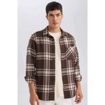 DeFacto Regular Fit Kareli Oduncu Flanel Uzun Kollu Gömlek, XS, D4132AX24WN, Kahve-BN192, Erkek