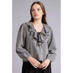 DeFacto Regular Fit V Yaka Kareli Gofre Dokulu Uzun Kollu Bluz, L, G9787AX26SP, Siyah-BK27, Kadın