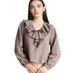 DeFacto Regular Fit V Yaka Kareli Gofre Dokulu Uzun Kollu Bluz, M, G9787AX26SP, Kahve, Kadın