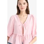 Defacto Regular Fit V Yaka Modal Önden Bağlamalı Uzun Kollu Bluz D4435AX25SP Pembe