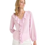 DeFacto Regular Fit V Yaka Volanlı Pamuklu Uzun Kollu Bluz, L, F9336AX25AUPN96-218052, Açık Pembe, Kadın