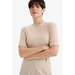DeFacto Regular Fit Yarım Balıkçı Yaka Fitilli Kaşkorse Kısa Kollu Tişört, XL, B1177AX25AU, Bej-BG115, Kadın