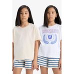 DeFacto Relax Fit Bisiklet Yaka 2'li Kısa Kollu Tişört Kız Çocuk, 7-8 Yaş, D9430A825SM, Ekru-ER42, Kız Çocuklar