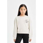 DeFacto Relax Fit Bisiklet Yaka Baskılı Selanik Kumaş Sweatshirt Kız Çocuk, 7-8 Yaş, D4786A824WN, Bej-BG354, kız-çocuk