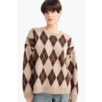DeFacto Relax Fit Bisiklet Yaka Triko Kazak, XL, F3900AX25WN, Bej-BG775, Kadın