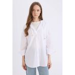 DeFacto Relax Fit Kapüşonlu Basic Düz Poplin Uzun Kollu Beyaz Tesettür Gömlek Tunik E1262AX25SPWT36
