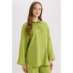 DeFacto Relax Fit Keten Karışımlı Uzun Kollu Gömlek Tunik, XL, D8183AX25SPGN698, Yeşil, Kadın