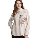 DeFacto Relax Fit Nakışlı Çizgili Uzun Kollu Gömlek, L, G9132AX26SP, Ekru-ER105, Kadın