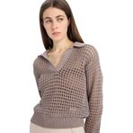 DeFacto Relax Fit Polo Yaka Ajur Triko Kazak, XS, TYC8190FFC2035FFB6086FE10, Vizon, Kadın