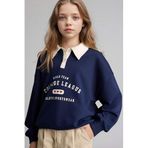 DeFacto Relax Fit Polo Yaka Baskılı Sweatshirt Kız Çocuk, 5-6 Yaş, E6841A826SP, Lacivert-NV248, kız-çocuk