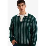 DeFacto Relax Fit Polo Yaka Çizgili Triko Kazak, 2XL, E8400AX24WN, Yeşil-GN919, Kadın