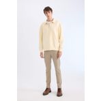 DeFacto Relax Fit Polo Yaka Fermuarlı Basic Düz Kalın Sweatshirt Ekru M
